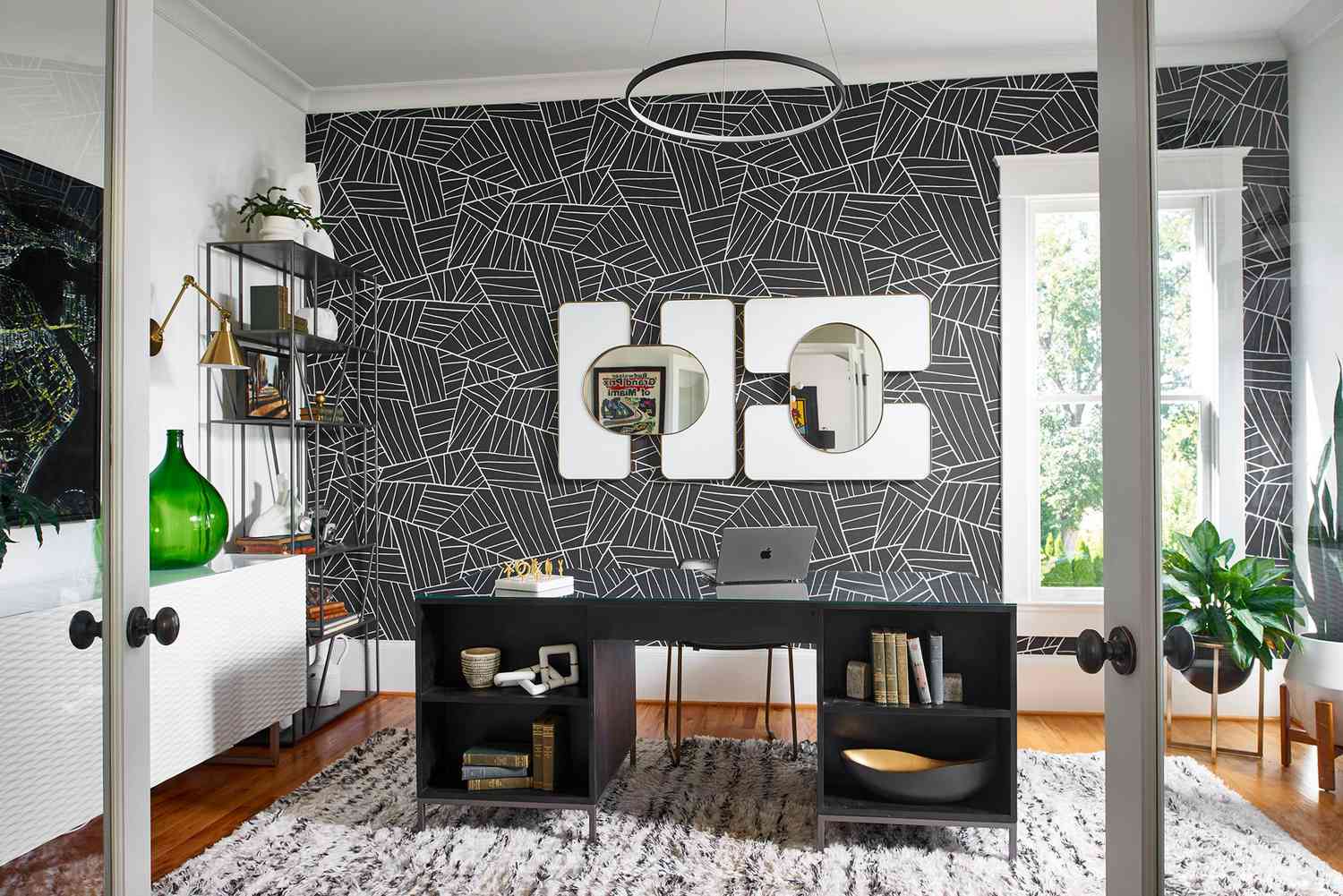 Wallpaper feature wall in an office interior