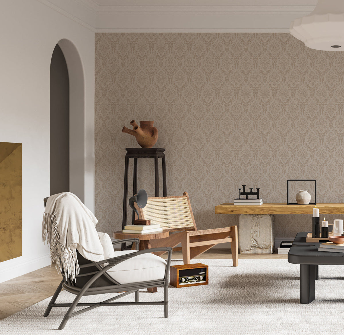 Wallpapered interior with a professionally finished wallcovering